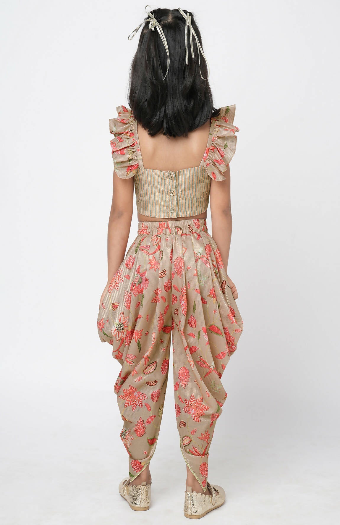 Lil Drama Golden Weaves Beige Crop Top With Dhoti Co-Ordinate Set - Swadesiicart