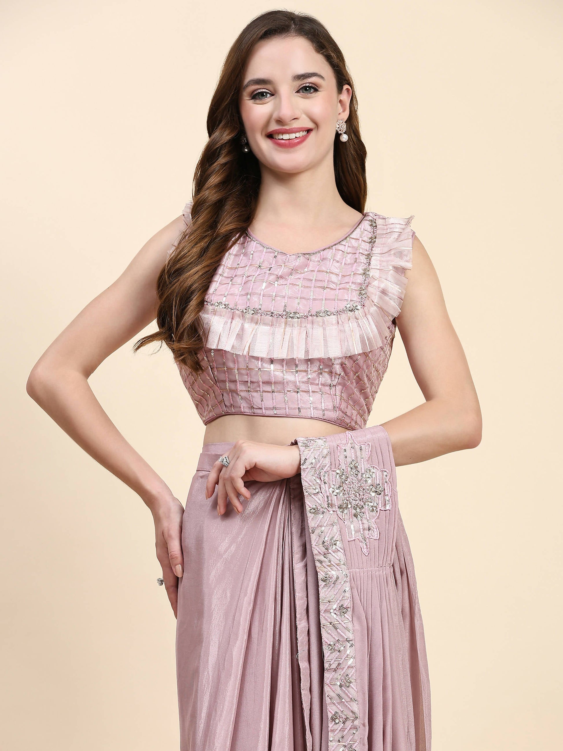Pink Silk Satin Solid Ready to wear Saree with stitched Blouse - Satiksha | Swadesiicart