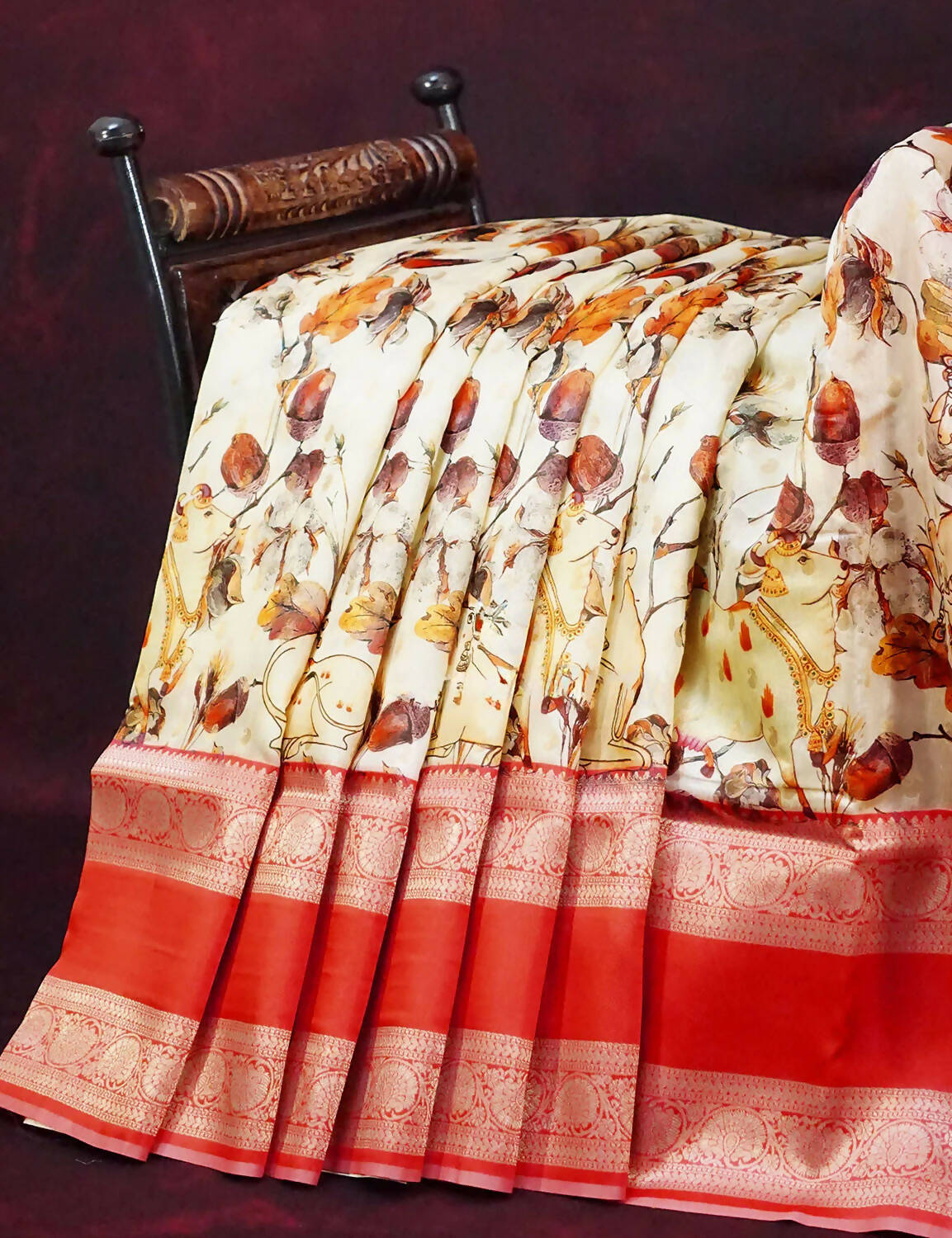 Milk White Banaras Border Pichwai Design Banarasi Semi Silk Saree By Gayathri Reddy Designer Studio | Swadesiicart