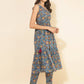 Janasya Women's Blue Cotton Floral Printed Casual Flared Kurta Set | Swadesiicart