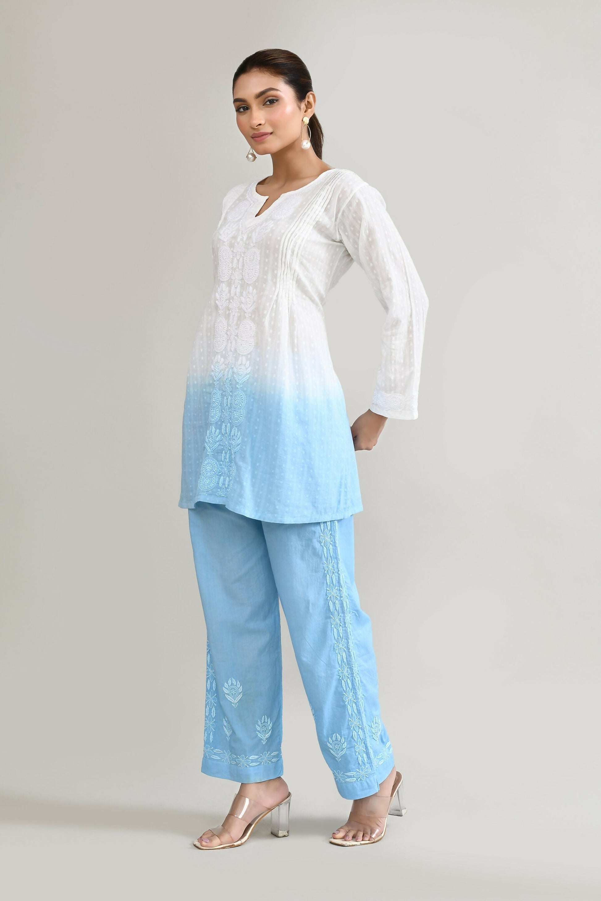 Joban Fashion Womens Cotton ChikanKari Sky Blue & White Cord set - Swadesiicart