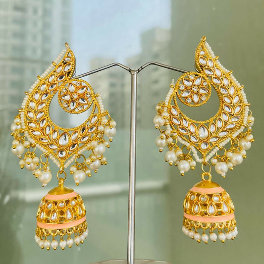 Beige Gold-Polished Peacock Design Brass Kundan Stone Handcrafted Jhumka Latkan Earrings For Women And Girls By House of Ree - Swadesiicart