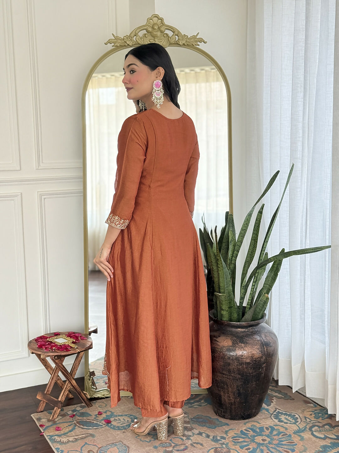 The52 Rust Women's Gorgeous Embroidered Vichitra Silk Fabric Flared Kurta, Pant and Dupatta Set - Swadesiicart