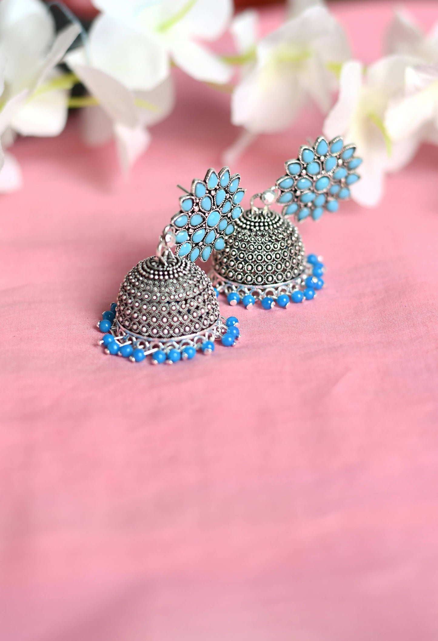 Mominos Fashion Joharkamal Kundan work Jhumka with Sky Blue Beads - Swadesiicart