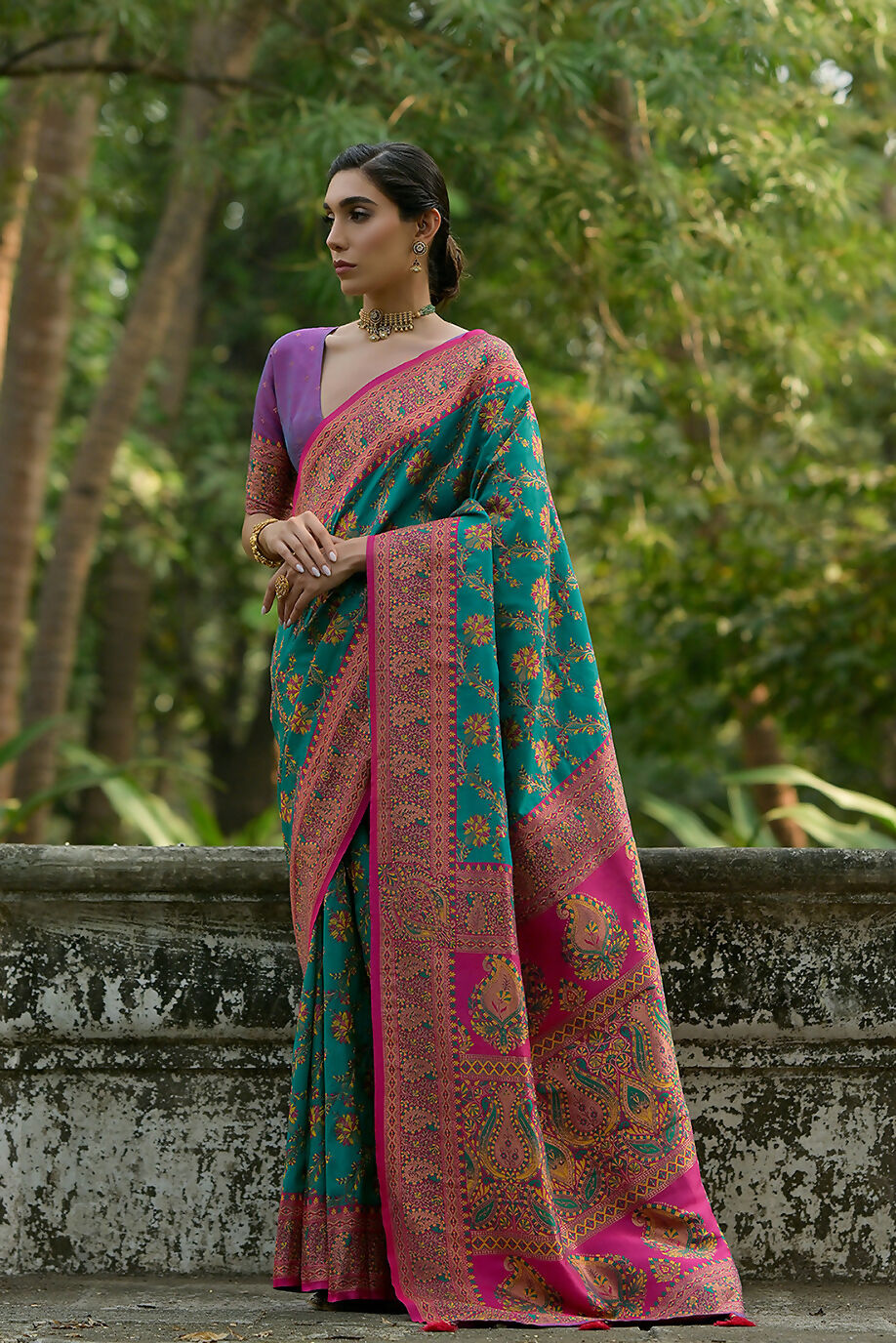 Vishnu Weaves Women's Rama Pashmina Silk Thread Woven Saree with Blouse - Swadesiicart