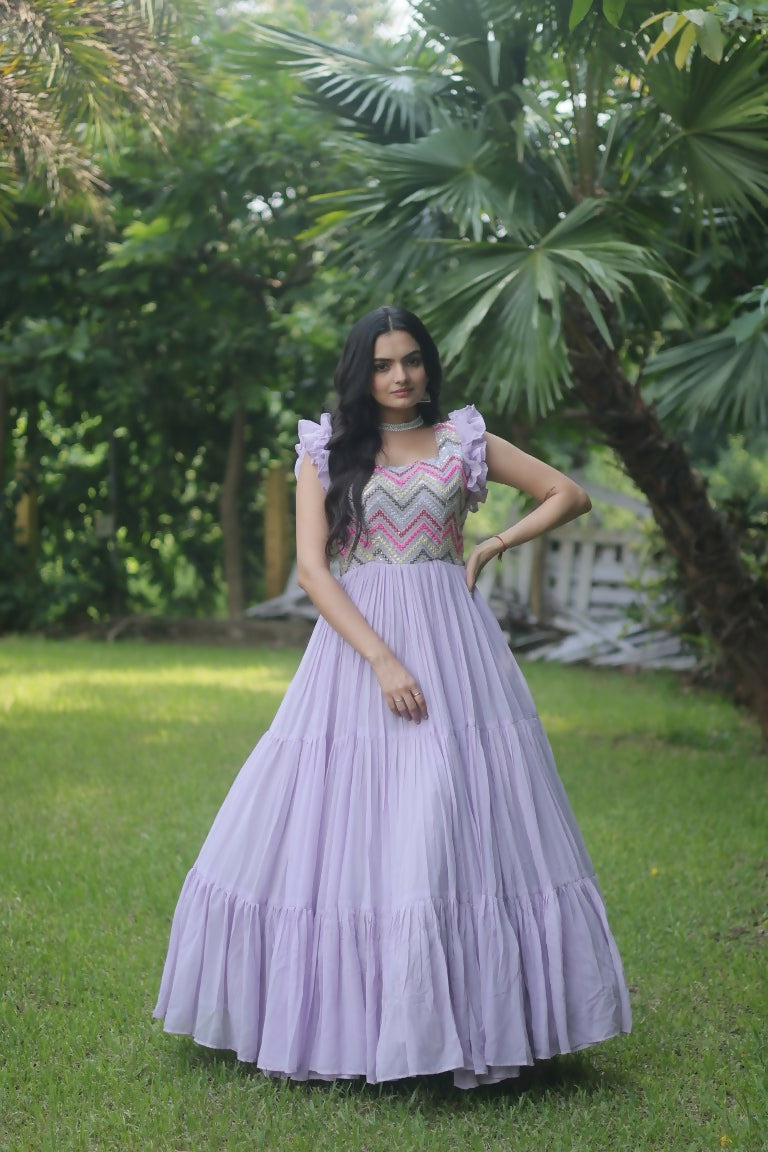 Jyoti Fashion Women's Purple Sequins Thread Embroidery Faux Georgette Anarkali Dress | Swadesiicart