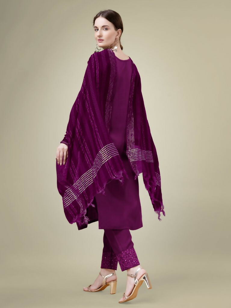 Jyoti Fashion Women's Purple Cotton Blend Embroidery & Sequence work Kurta with Trouser & Dupatta | Swadesiicart