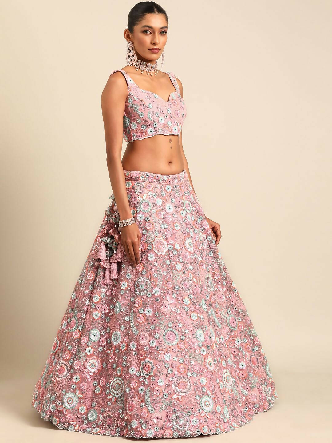 House of Panchhi Pink Net Sequins, Mirror and thread embroidery Lehenga choli & Dupatta | Swadesiicart