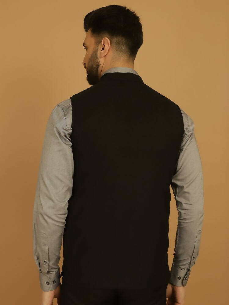 Even Apparels Pure Wool Nehru Jacket - Black | Swadesiicart