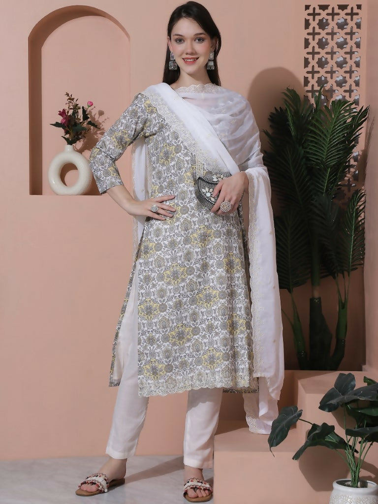Jyoti Fashion Women's Off White Cotton Floral Digital Printed Kurta with Trouser & Dupatta | Swadesiicart
