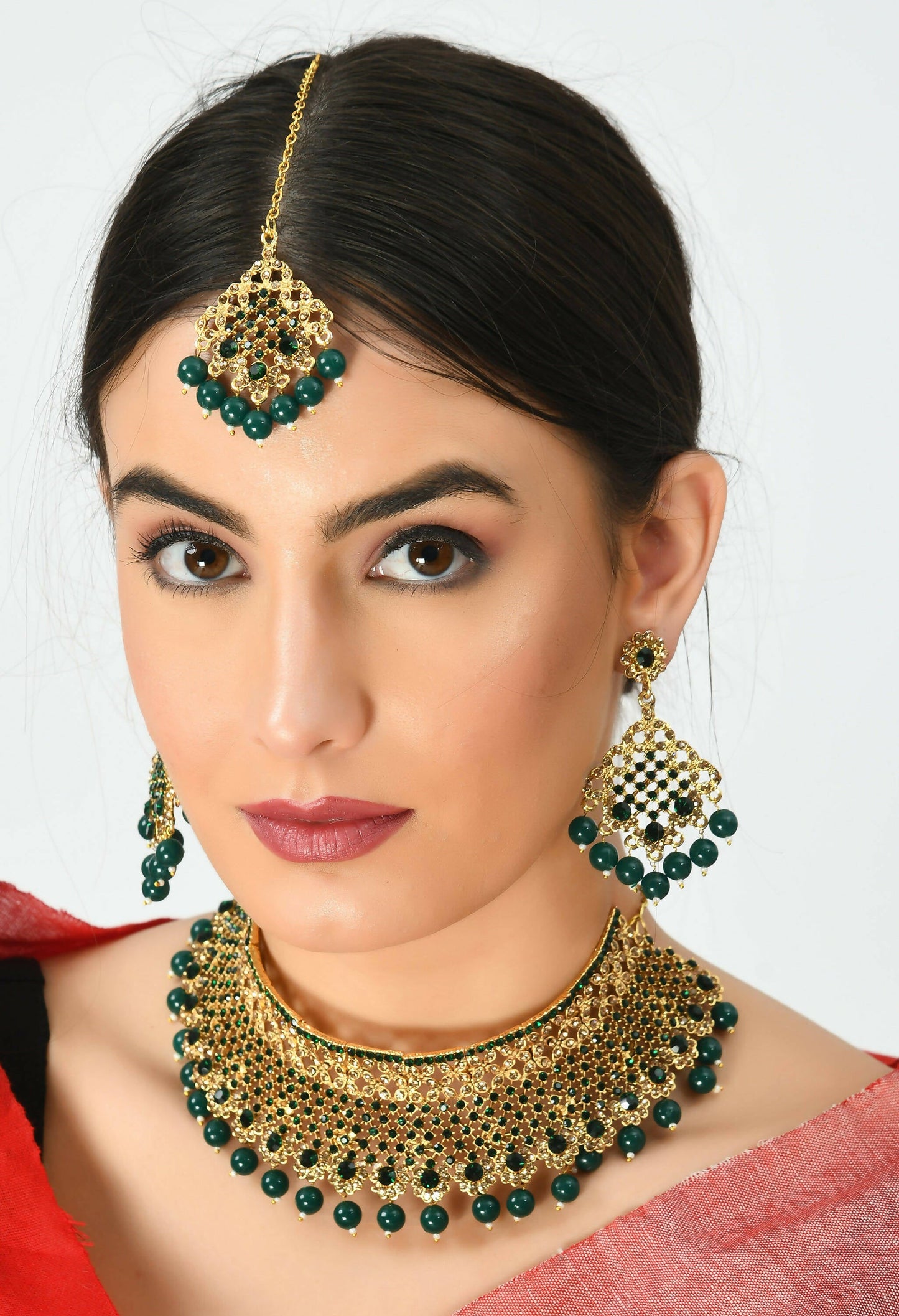 Mominos Fashion Johar Kamal Traditional Rajwadi Design Heavy Golden/Green Color Necklace Set - Swadesiicart