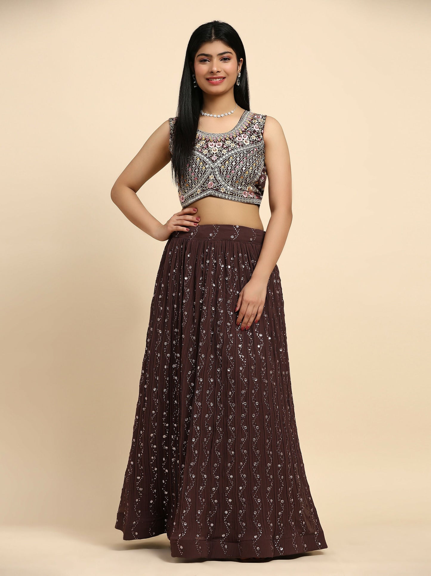 Brown Georgette Embroidered Lehenga choli with Dupatta - Dhara | Swadesiicart