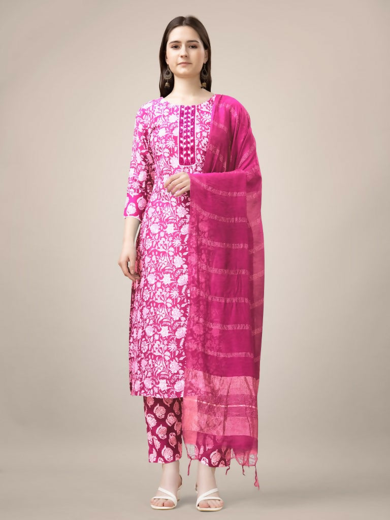 Jyoti Fashion Women's Pink Rayon Print with Embroidery & Fancy Lace Work Kurta with Trouser & Dupatta | Swadesiicart