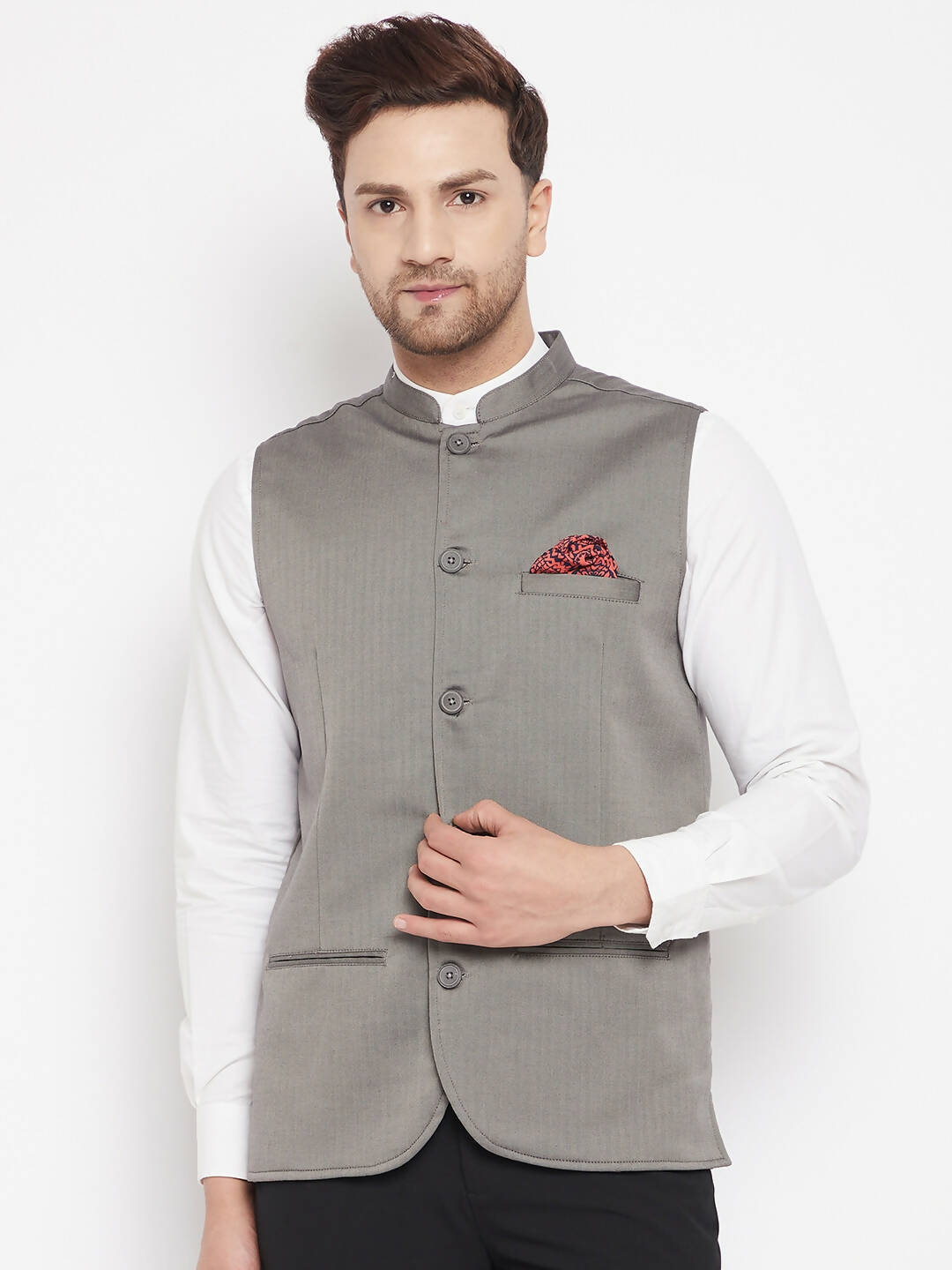 Even Apparels Grey Polyester Men's Nehru Jacket-Contrast Lining-Inbuilt Pocket Square | Swadesiicart