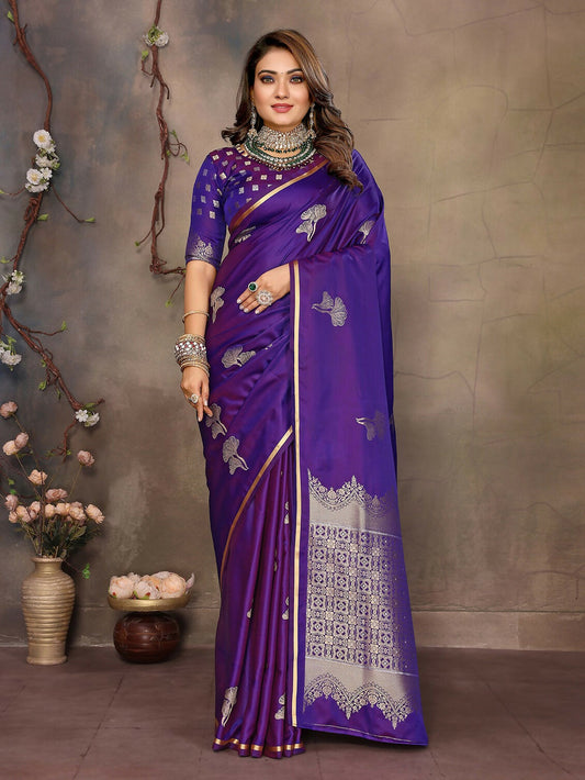 Joban Fashion Purple Floral Motifs Banarasi Silk Sarees | Swadesiicart