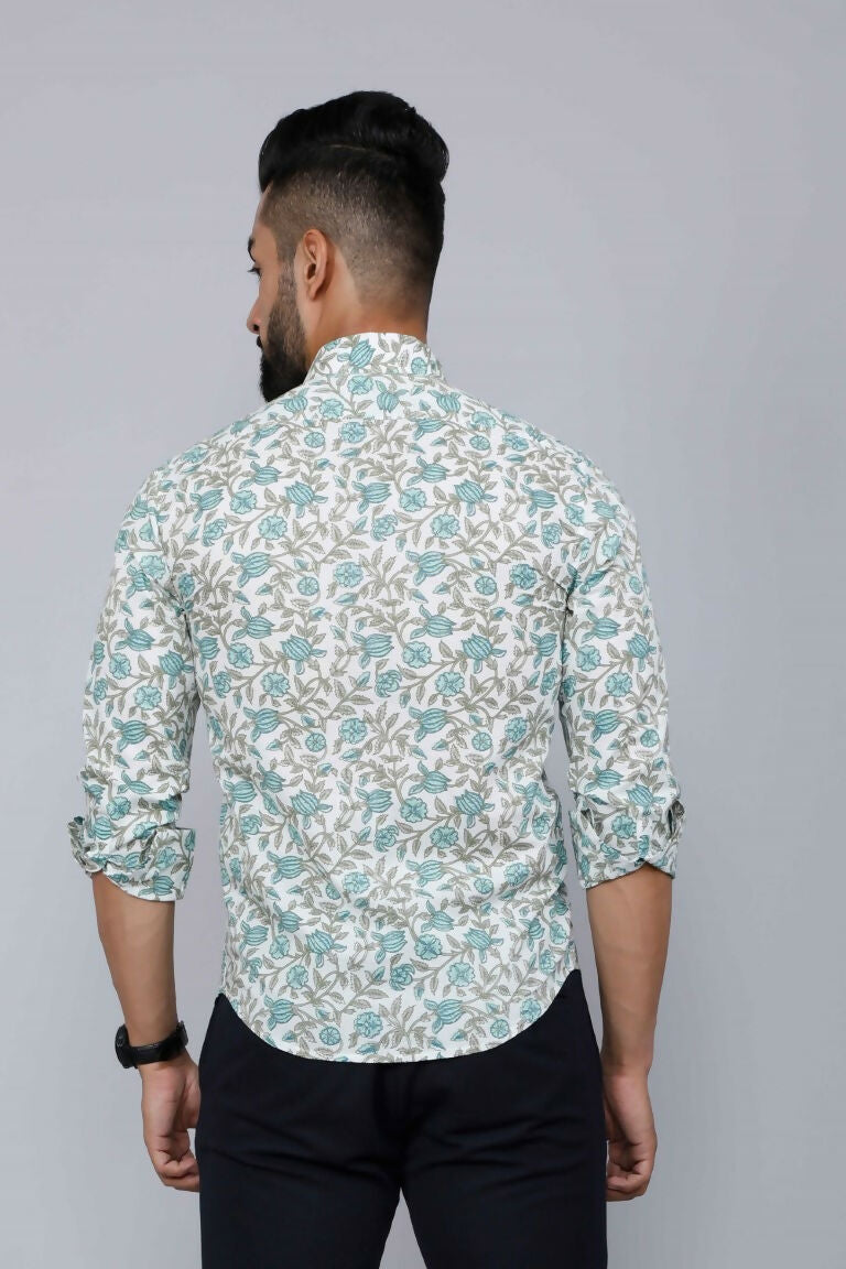 Miravan Men's Spread Collar White & Green Floral Print Slim Fit Shirt | Swadesiicart