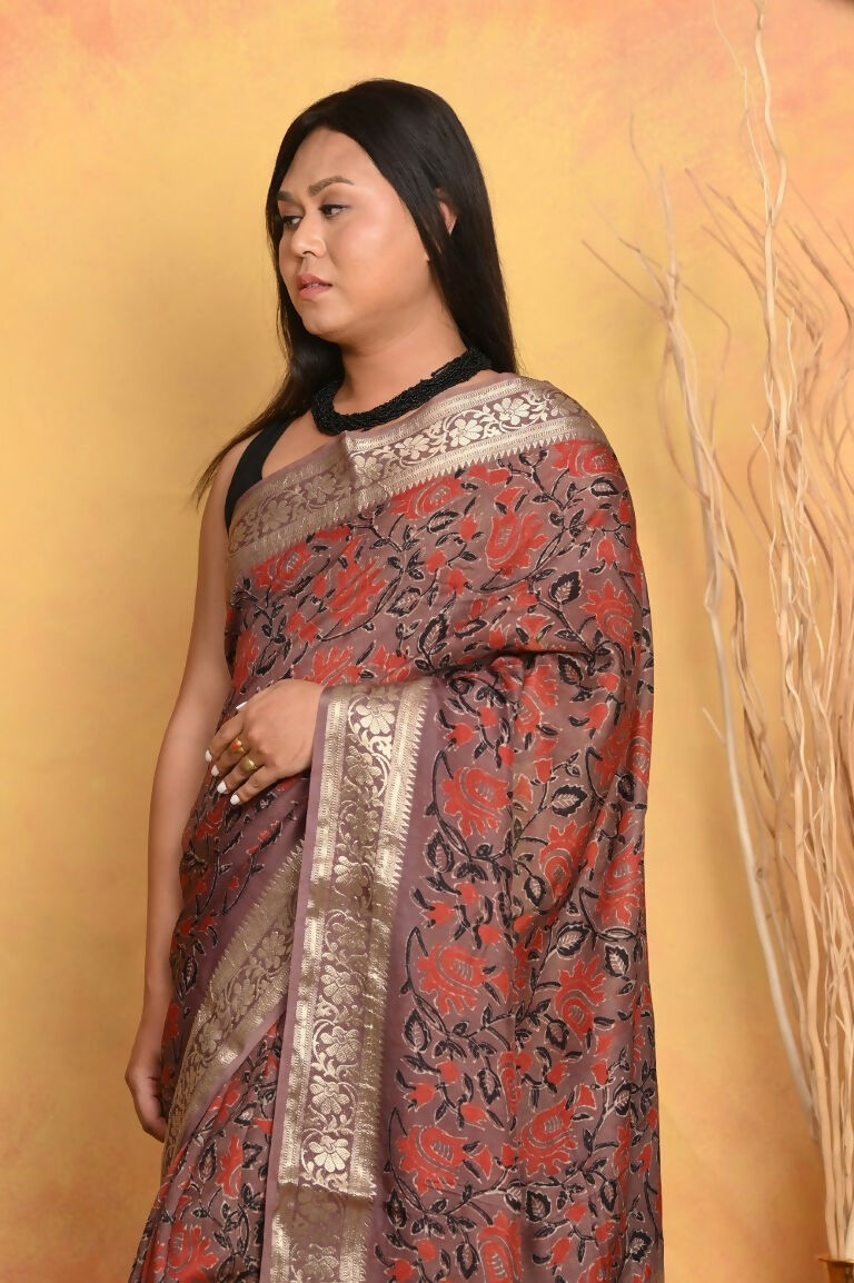 Very Much Indian Modal Silk Ajrakh Handblock Printed Natural Dyes With Designer Border Saree - Maroon | Swadesiicart