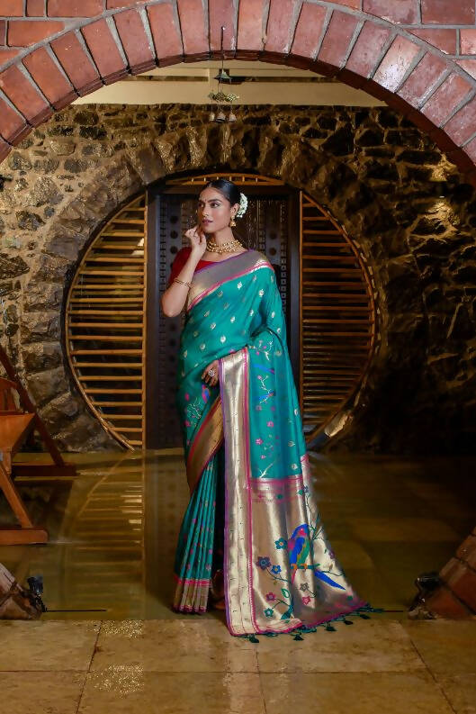 Vishnu Weaves Women's Rama Paithani Silk Zari Woven Saree with Unstitched Blouse - Swadesiicart