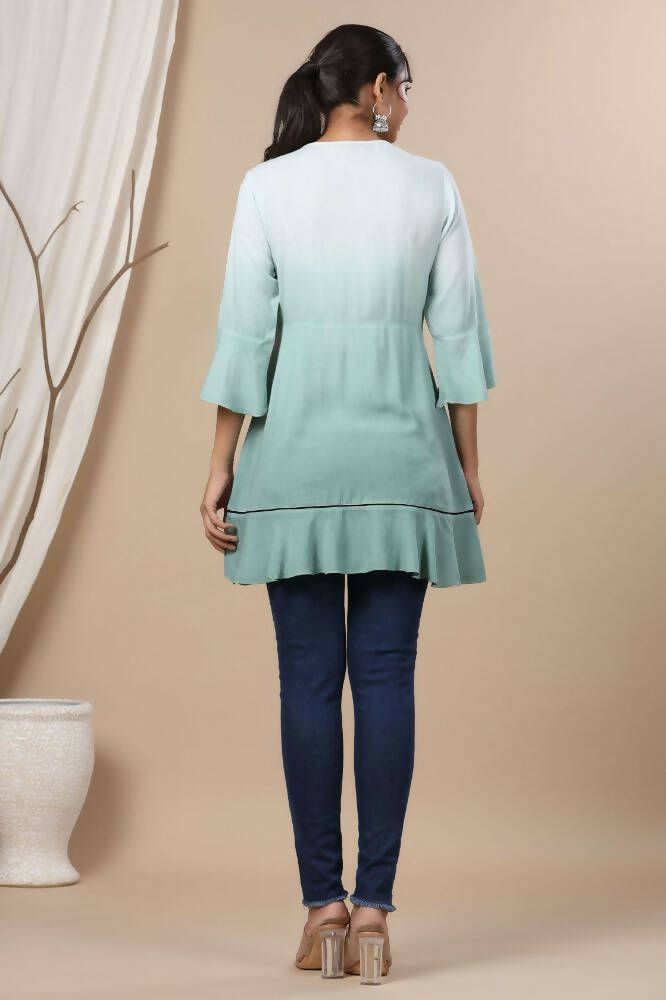 Juniper Sage Green Rayon Festive Embroidered Tiered Tunic For Women | Swadesiicart