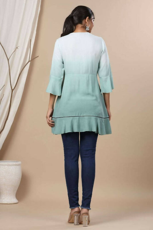 Juniper Sage Green Rayon Festive Embroidered Tiered Tunic For Women | Swadesiicart