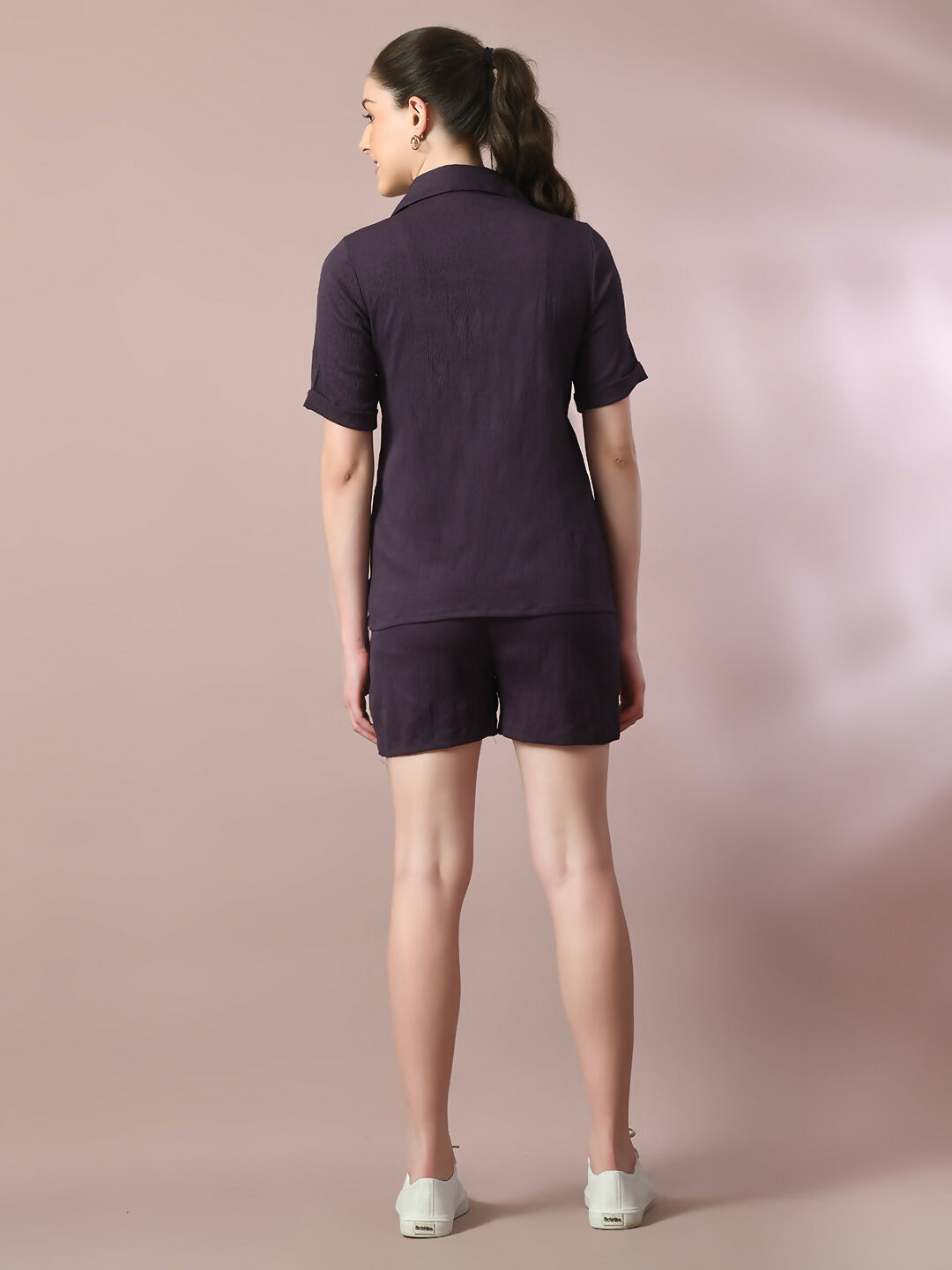 Myshka Women's Violet Solid Shirt Collar Party Shirt With Shorts Co-ord set - Swadesiicart