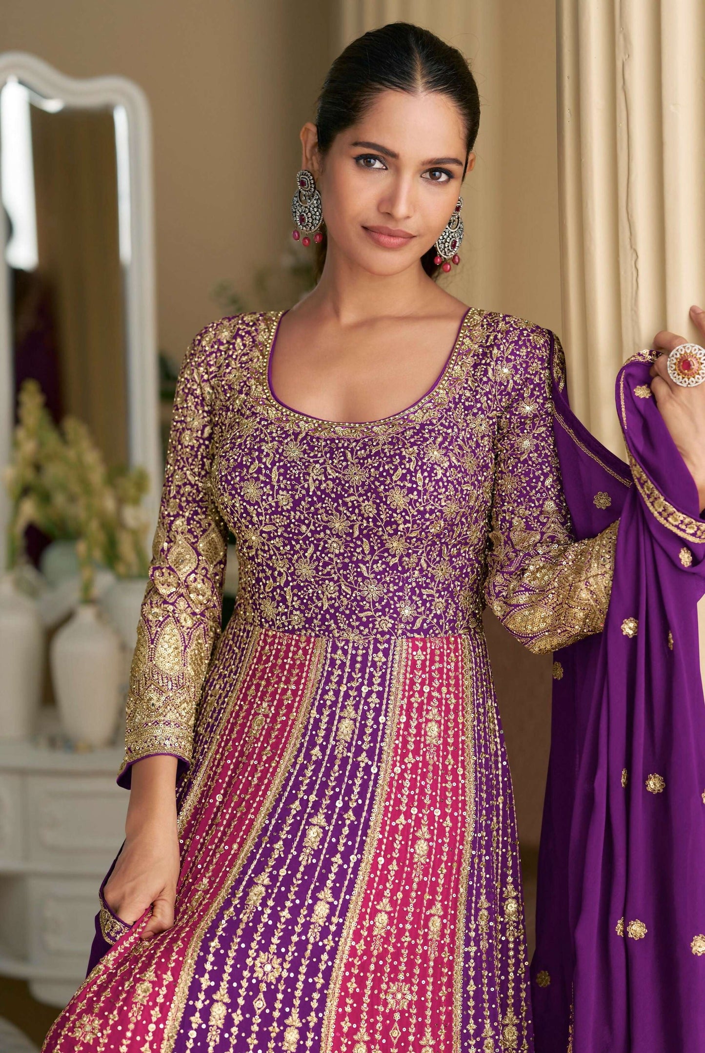 Anaita Purple Georgette Readymade Anarkali Suit with Embroidery Zarkan Work (Free Size)