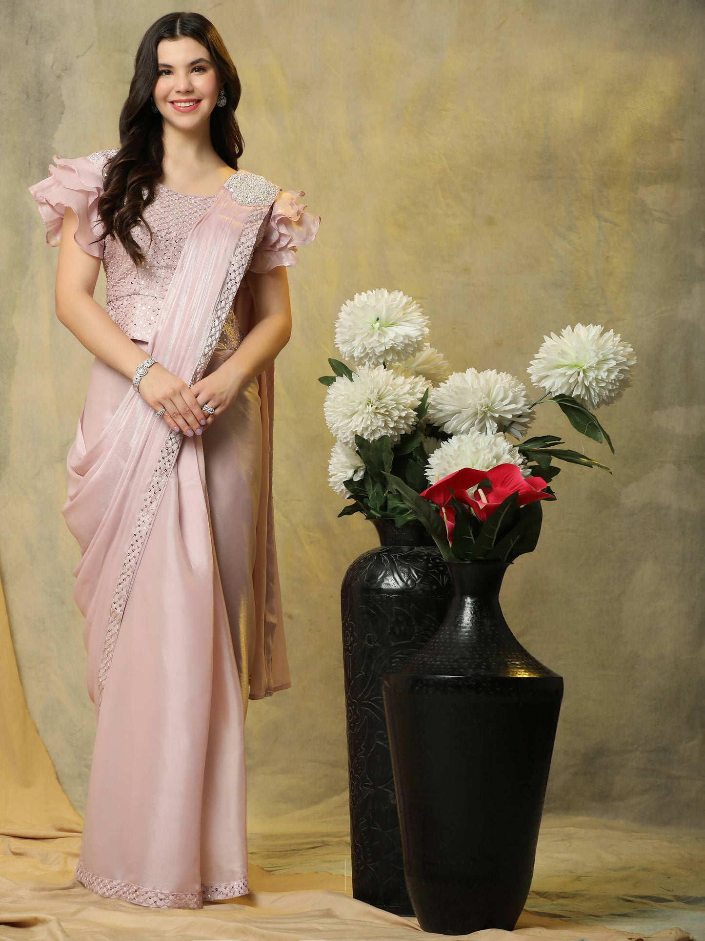 Light Pink Silk Satin Sequence Work Ready to Wear Saree with stitched Blouse - Nirvana | Swadesiicart