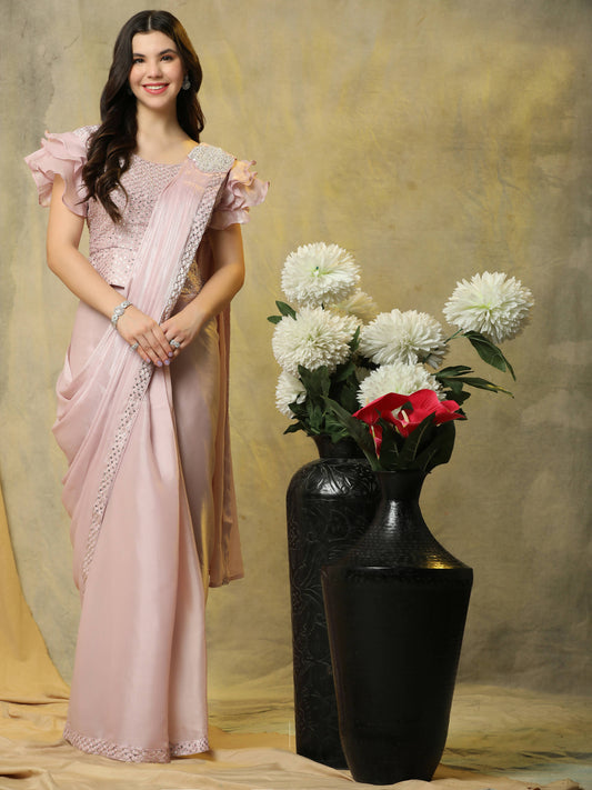 Light Pink Silk Satin Sequence Work Ready to Wear Saree with stitched Blouse - Nirvana | Swadesiicart