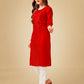 Jyoti Fashion Women's Red Cotton Blend Embroidered Kurta Pant Set | Swadesiicart
