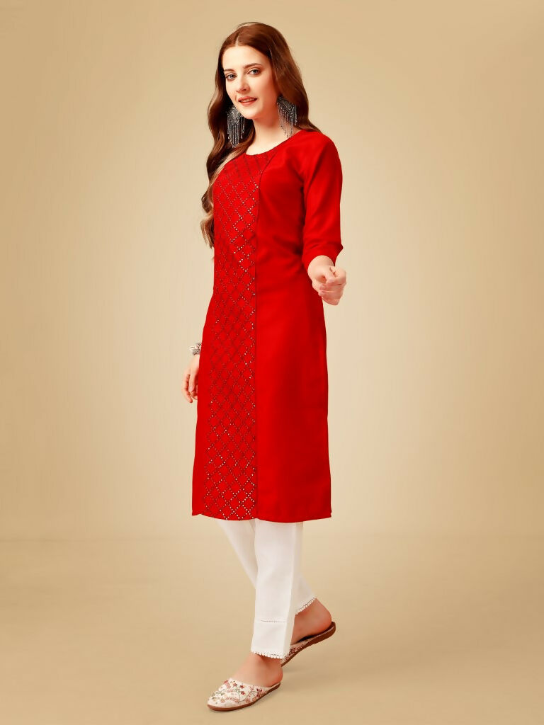 Jyoti Fashion Women's Red Cotton Blend Embroidered Kurta Pant Set | Swadesiicart