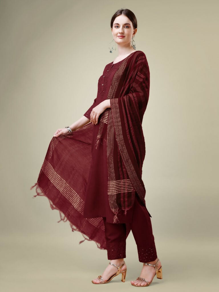 Jyoti Fashion Women's Maroon Cotton Blend Embroidery & Sequence work Kurta with Trouser & Dupatta | Swadesiicart