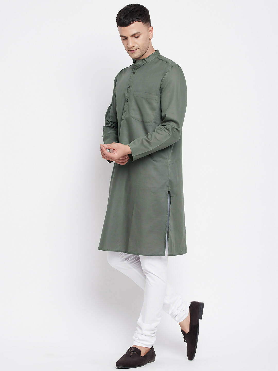 Even Apparels Green Color Linen Men's Kurta With Band Collar | Swadesiicart