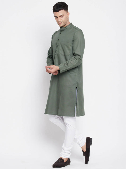 Even Apparels Green Color Linen Men's Kurta With Band Collar | Swadesiicart