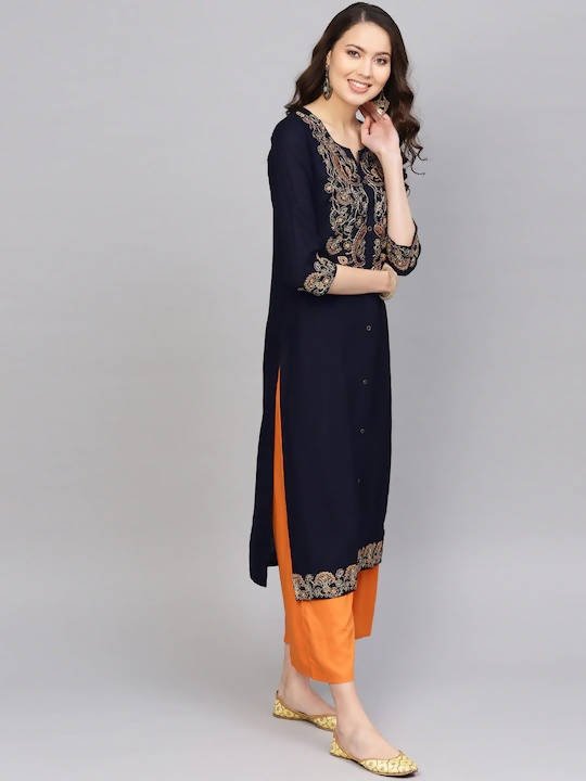 Anubhutee Navy Blue Yoke Design Straight Kurta | Swadesiicart
