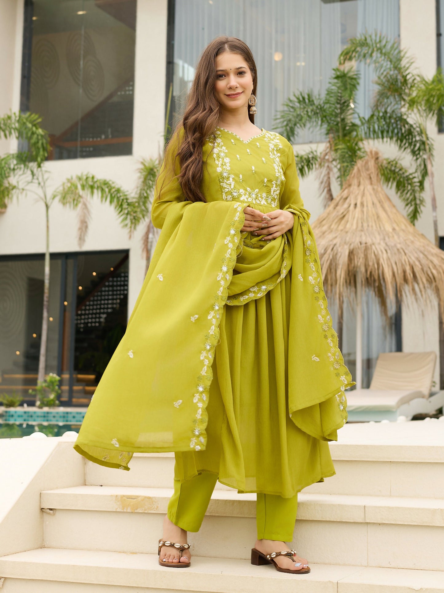 The52 Lemons Women's Gorgeous Chinon Embroidered Flared Kurta with Pant And Dupatta Set - Swadesiicart