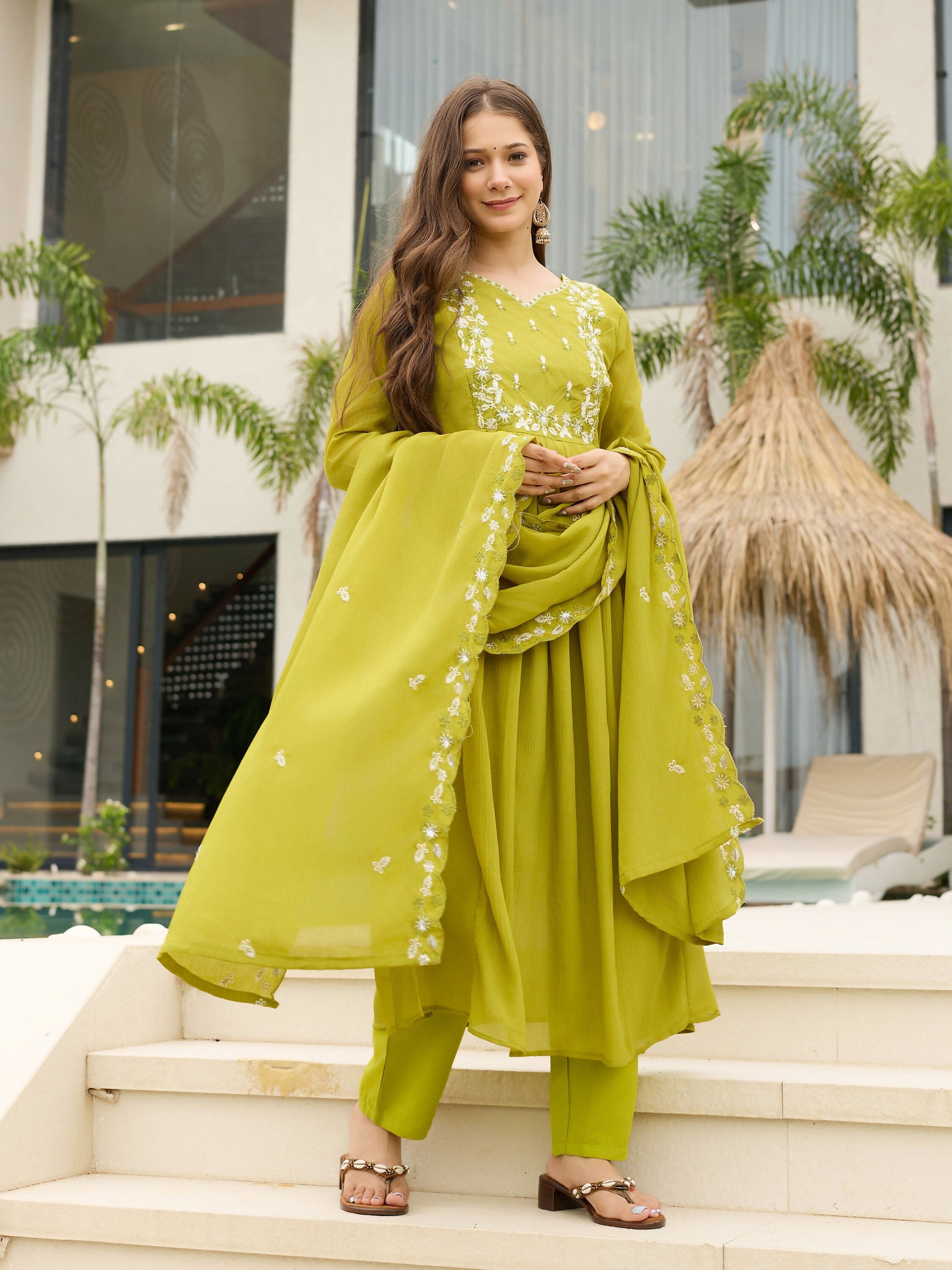 The52 Lemons Women's Gorgeous Chinon Embroidered Flared Kurta with Pant And Dupatta Set - Swadesiicart