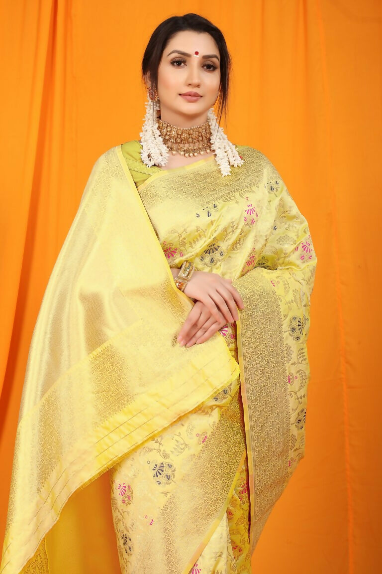 Jyoti Fashion Women's Cream Kanjivaram Silk Zari Woven Saree with Blouse | Swadesiicart