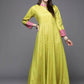 Ahalyaa Women Lime Yellow & Pink Printed Pleated A-Line Maxi Ethnic Dress | Swadesiicart