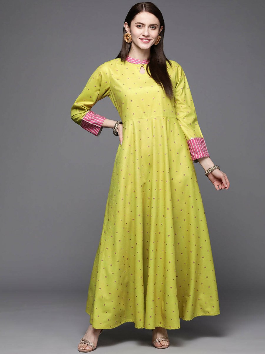 Ahalyaa Women Lime Yellow & Pink Printed Pleated A-Line Maxi Ethnic Dress | Swadesiicart