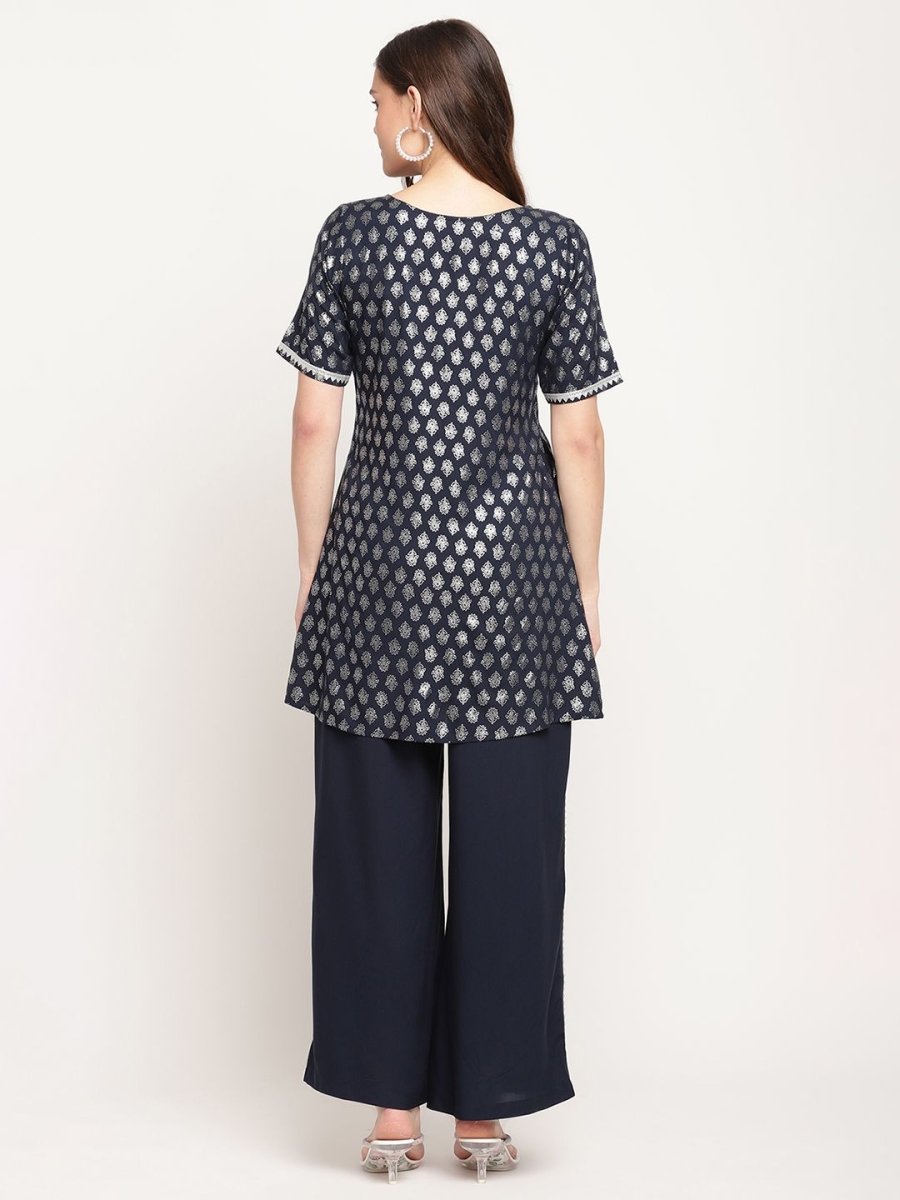 Ahalyaa Women's Blue Rayon Foil Print Top With Palazzo Set | Swadesiicart