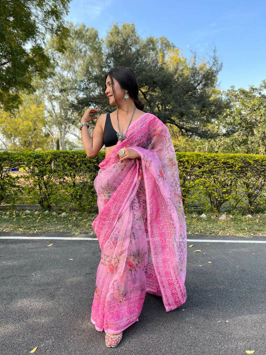Vamsee Pink Organza Saree - Swadesiicart