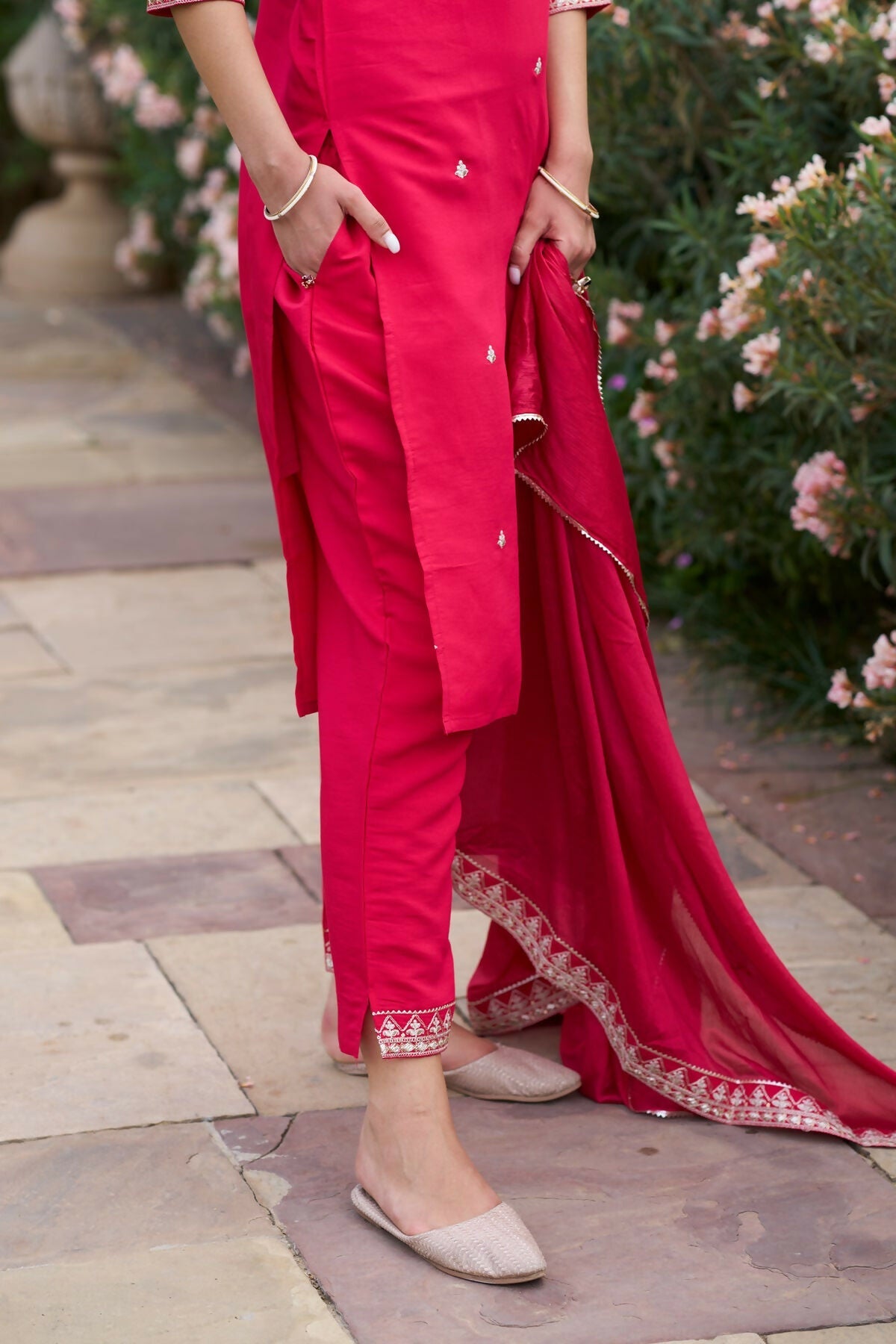 The52 Red Women's Gorgeous Embroidered Rayon Slub Fabric Straight Kurta Pant with Dupatta Set - Swadesiicart