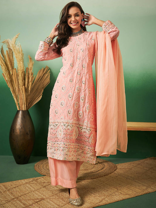 Peach Georgette Handwork Unstitched Dress Material - Hanika | Swadesiicart