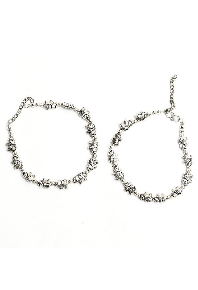 Mominos Fashion Kamal Johar Oxidised Elephant Design Silver Anklets | Swadesiicart