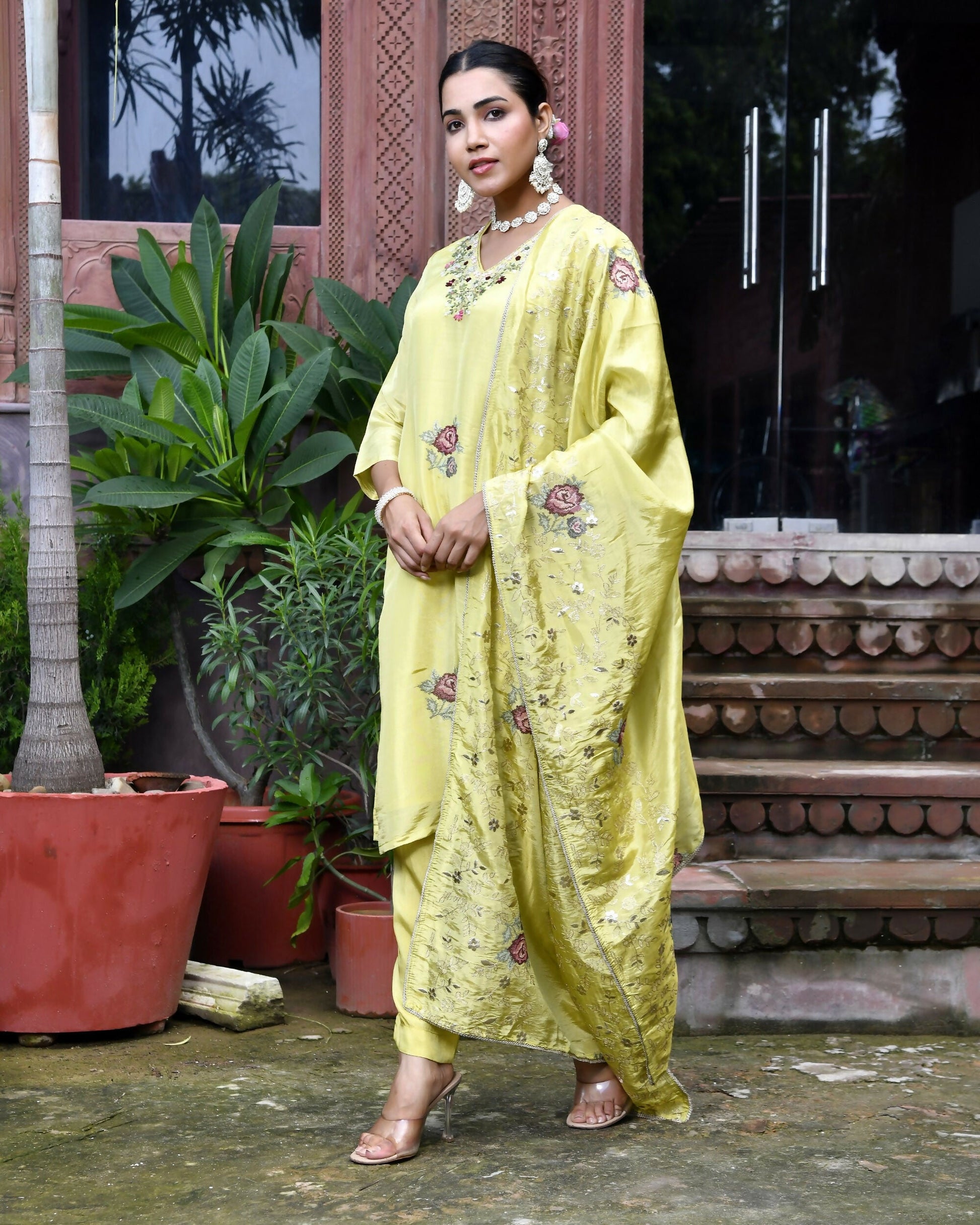 Vaasva Women's Tissue Silk Emboidered Suit Set With Solid Pant & Solid Embroidered Dupatta | Swadesiicart