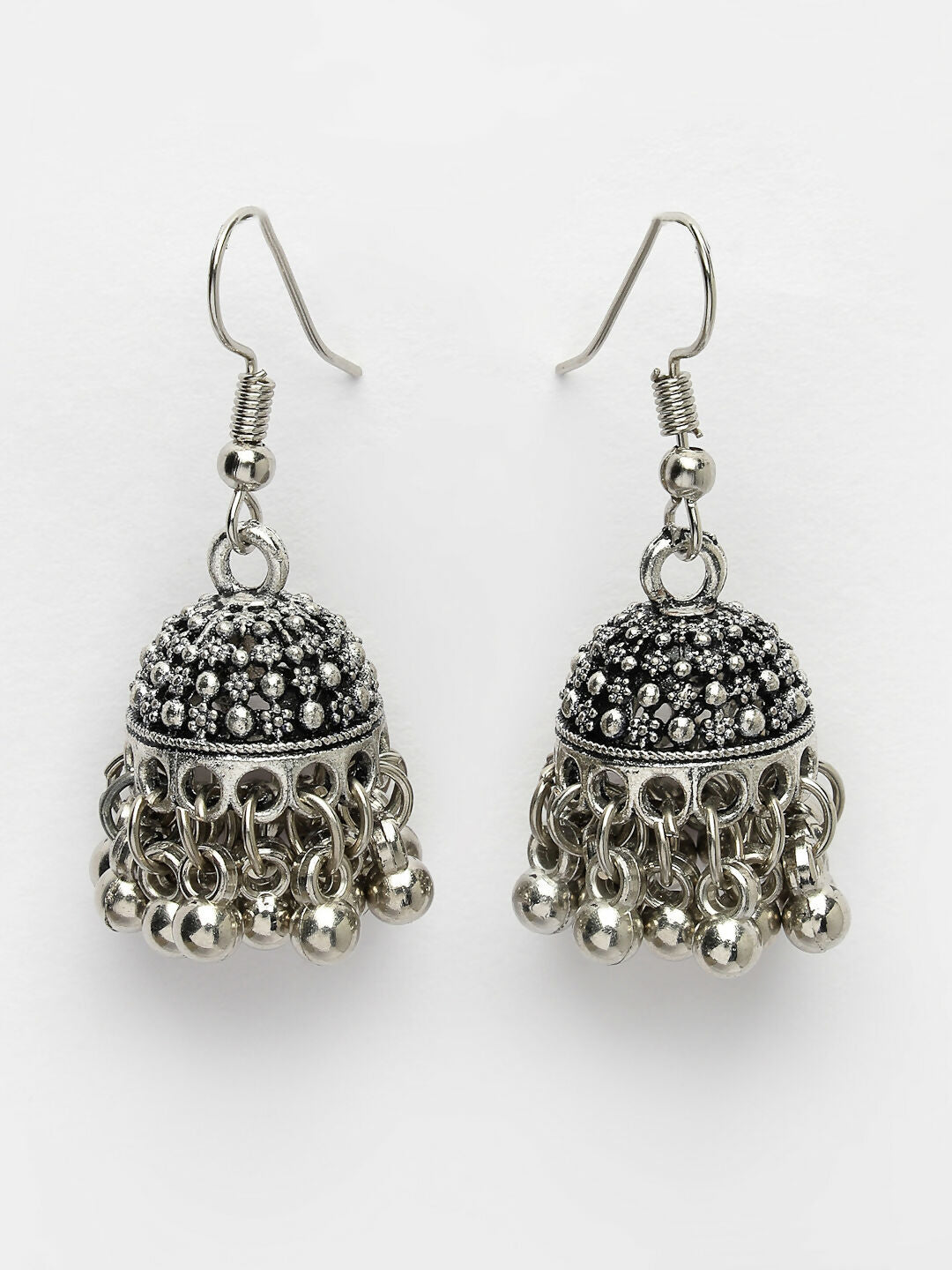 NVR Women's Silver-Toned German Silver Oxidised Dome Shaped Jhumka Earrings - Swadesiicart