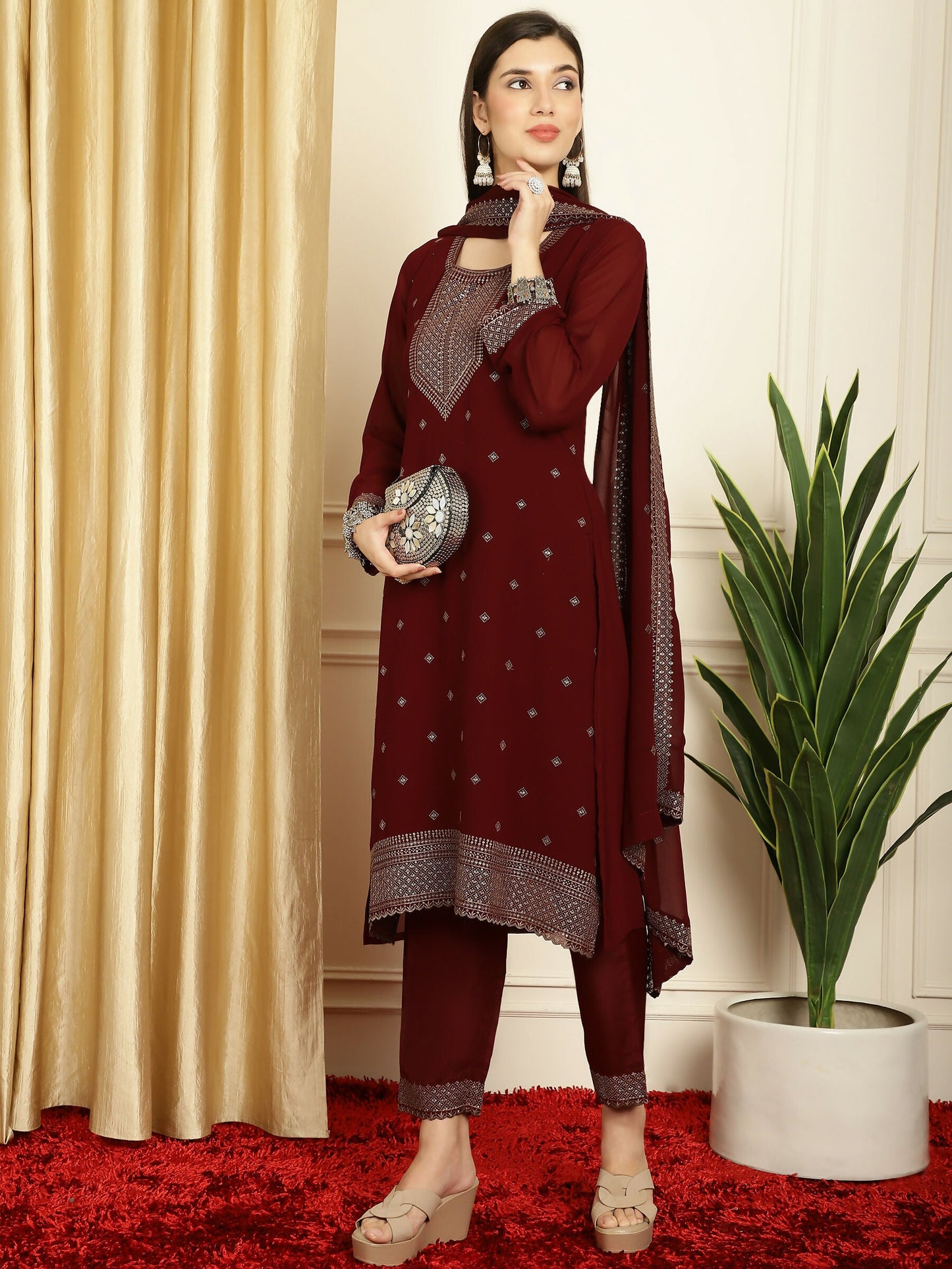 Jyoti Fashion Women's Maroon Georgette Resham Thread & Sequin Kurta with Trouser & Dupatta | Swadesiicart