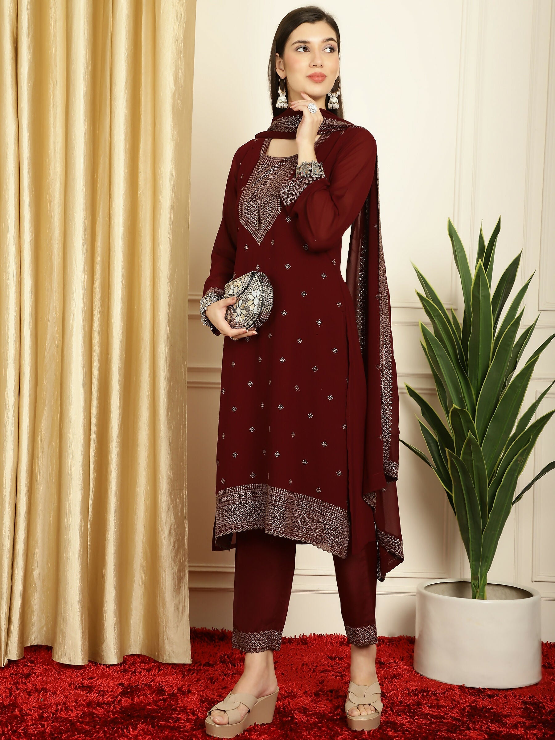 Jyoti Fashion Women's Maroon Georgette Resham Thread & Sequin Kurta with Trouser & Dupatta | Swadesiicart