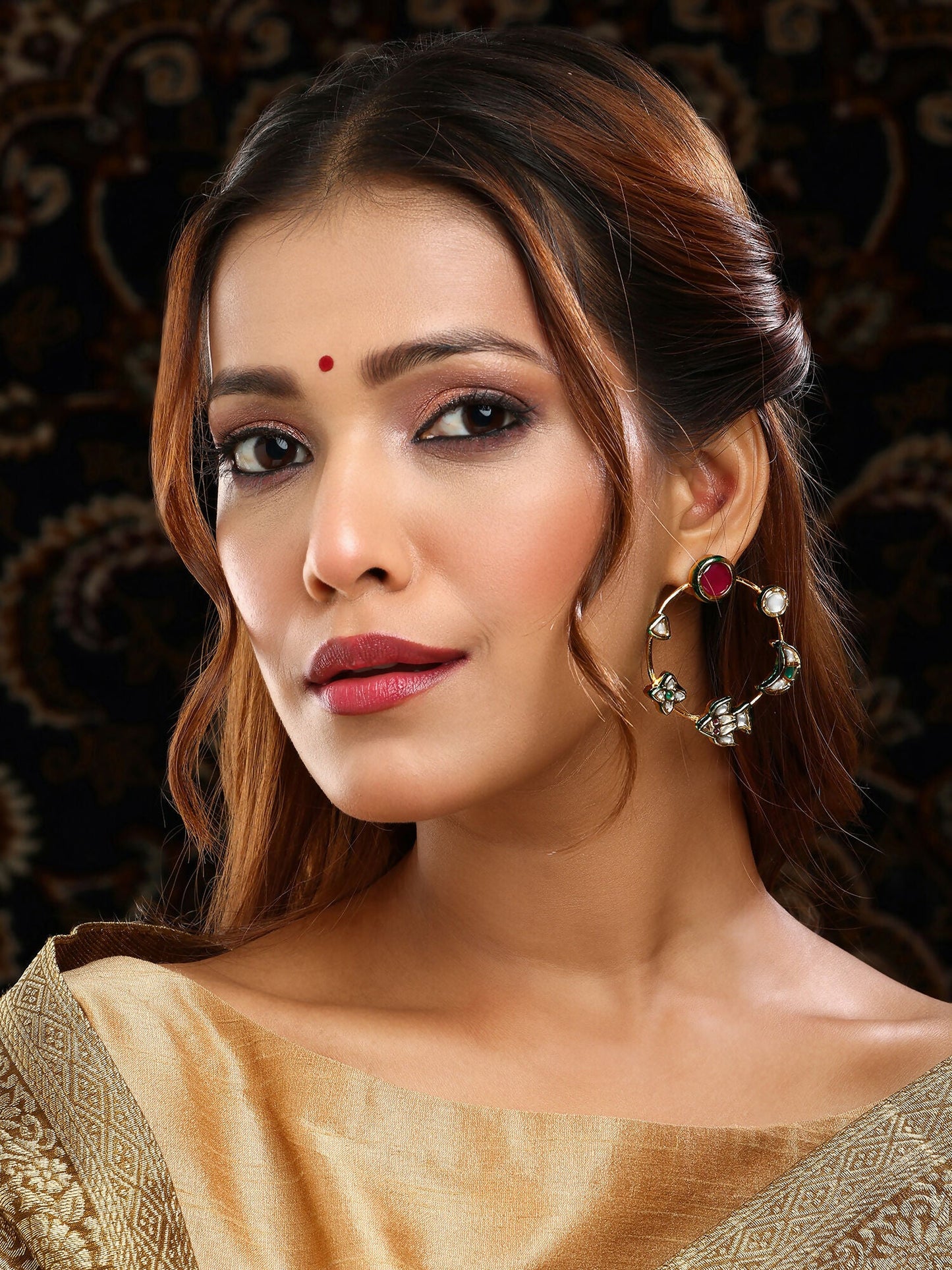 Ruby Raang Gold Polished Kundan Work Multi-Color Round Kundan Earrings | Swadesiicart