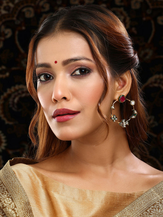 Ruby Raang Gold Polished Kundan Work Multi-Color Round Kundan Earrings | Swadesiicart